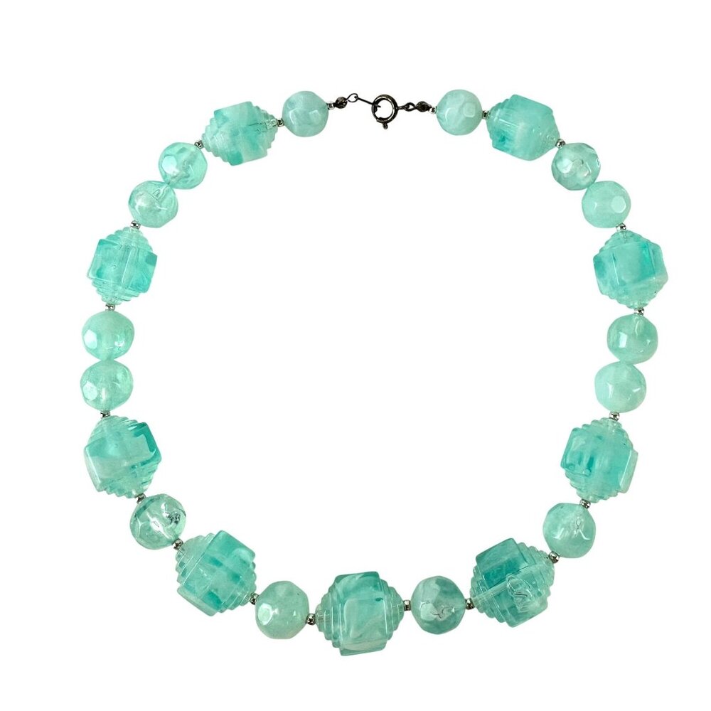 Vintage Aqua Blue Beaded Necklace With Geometric Cubes & Spheres